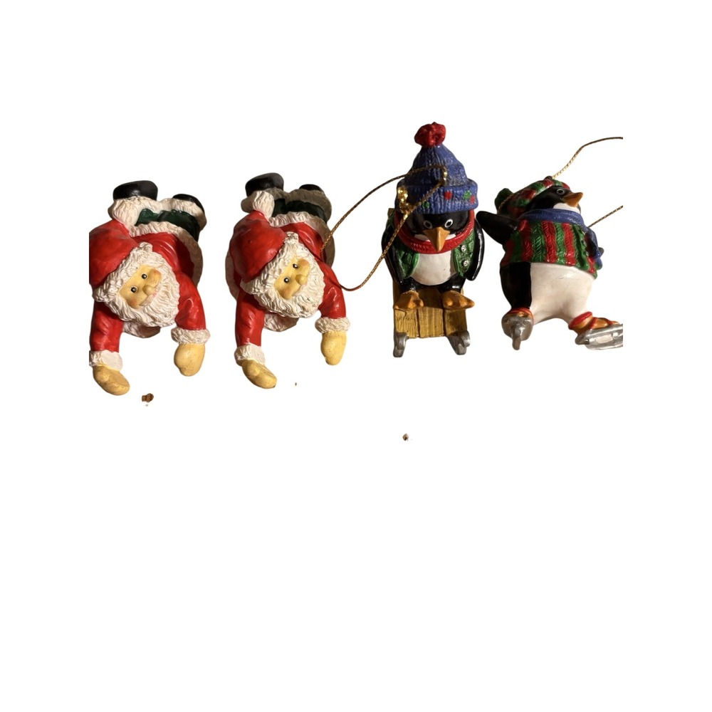 Vintage Decorative 2 Penguin Christmas Ornaments And Two Santa Claus Decor